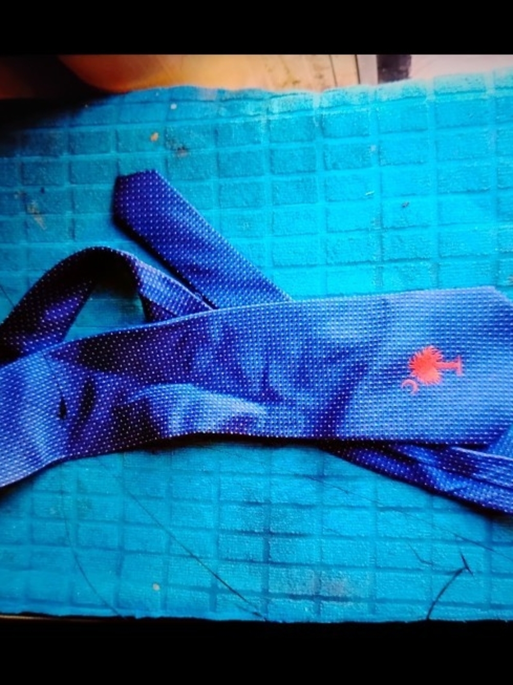 Men's Blue Polka Dot Tie with Red Embroidered Motif W/ Palmetto Tree
